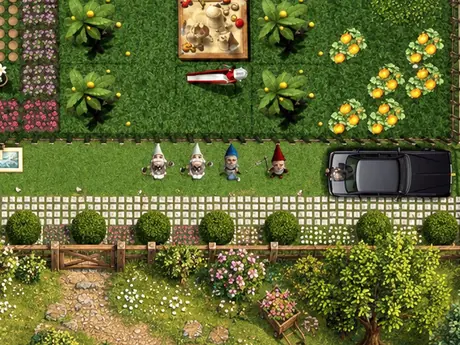 Nahaufnahme von Beeten und Wegen im Schrebergarten