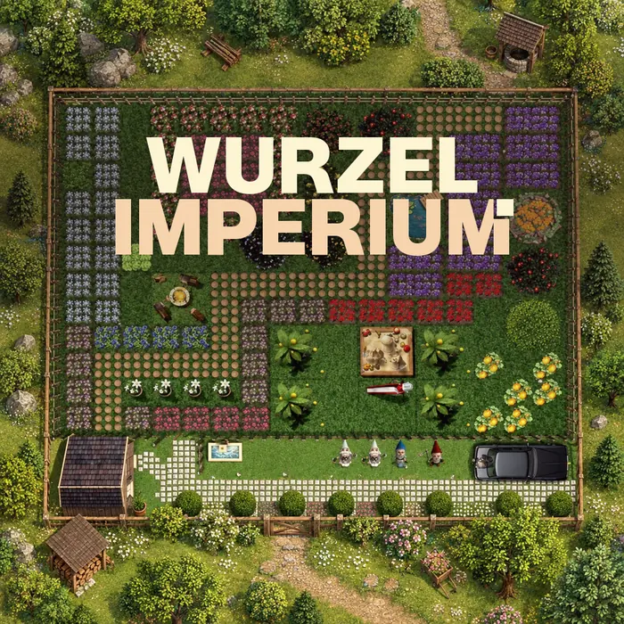 Garten mit bunten Beeten und Gartenzwergen aus Wurzelimperium